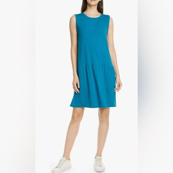Eileen Fisher turquoise drop waist crew neck sleeveless midi. Size PP(2-4P) NWOT - Picture 1 of 9